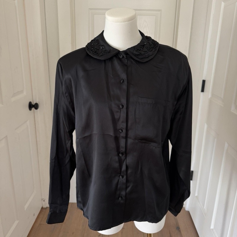 Vtg 80s Charlotte VanHorne Blouse Black Satin Beaded Collar Party Dressy Sz 14